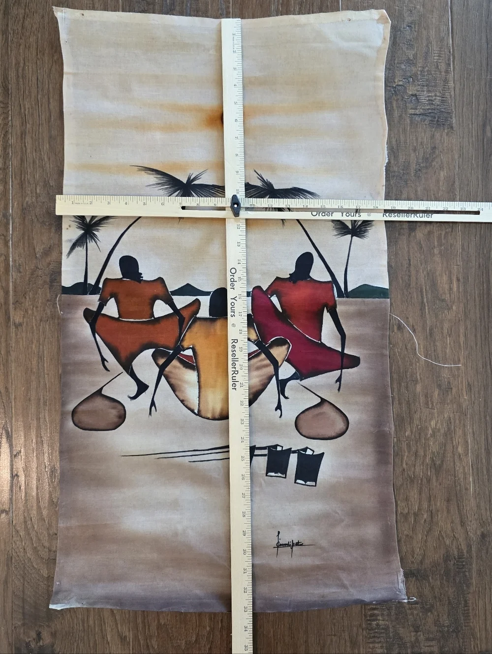 Africian Tanzanian batik painting Wall Decor Maasai sunset scene 18 X 33 Beige